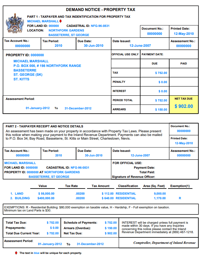 Example of St Kitts & Nevis Property Tax Demand Notice